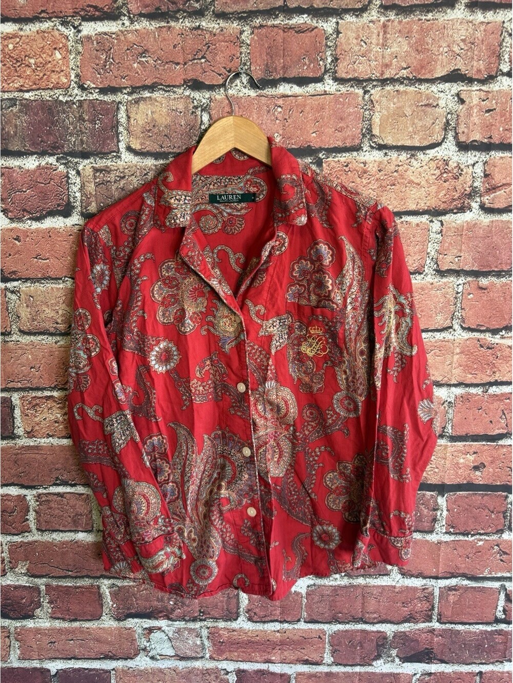 Lauren Ralph Lauren Womens Red Paisley Long Sleeve Button Up Shirt Size Medium